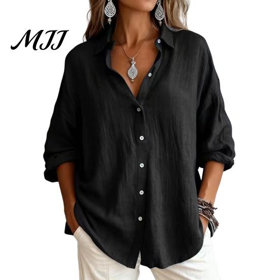 Solid Color Blouses Women Casual Button Front Shirt, Long Sleeve Turndown Collar Blouse, Work Shirts Drop Shoulder Fall Top for Daily Wear