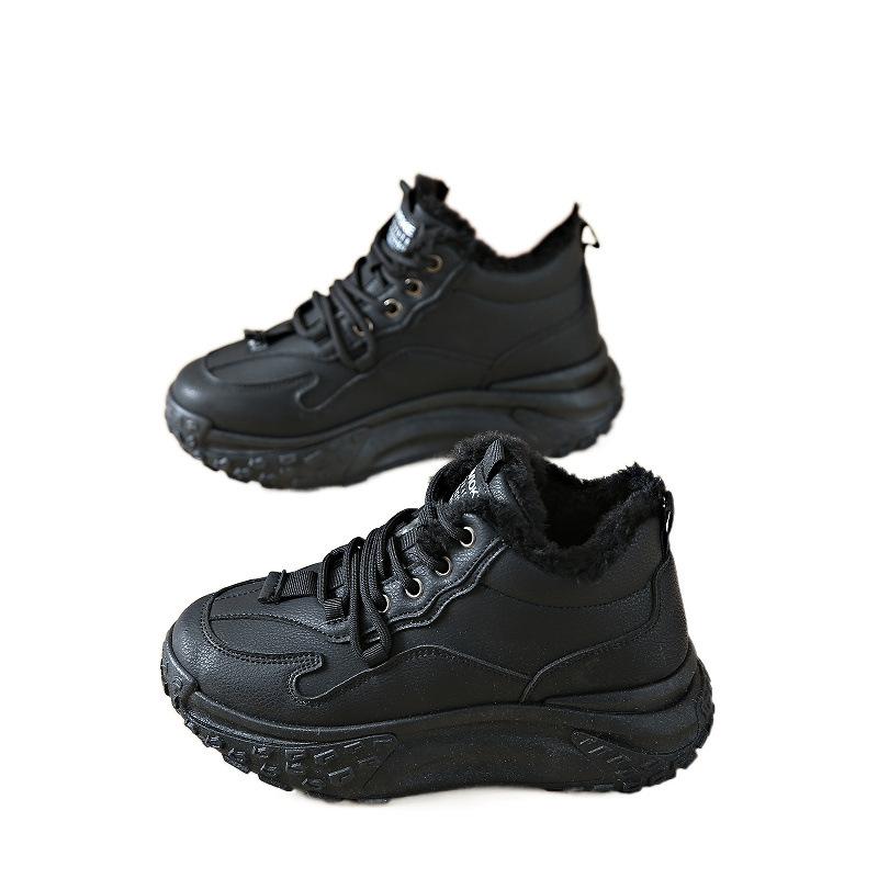 Fleece black sneakers winter new leather shoes are not tired of casual cotton shoes