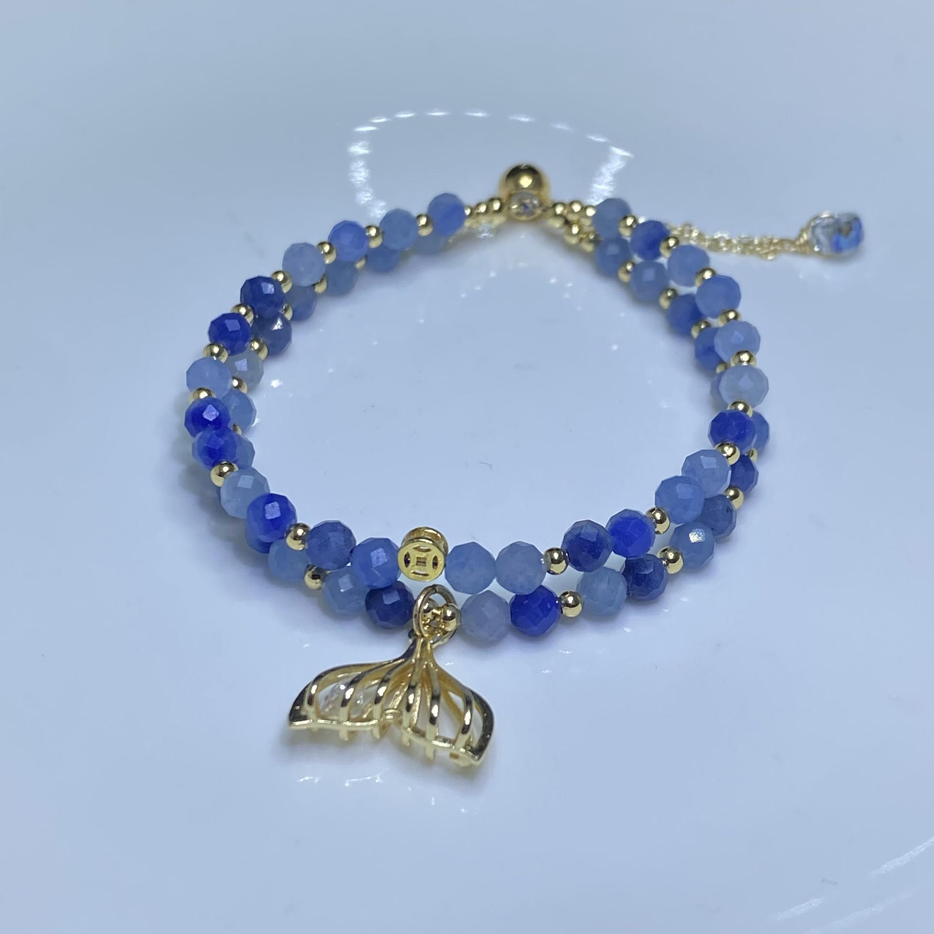 

Natural crystal jewelry, blue Dongling stone cut surface double row fishtail bracelet, adjustable bracelet.