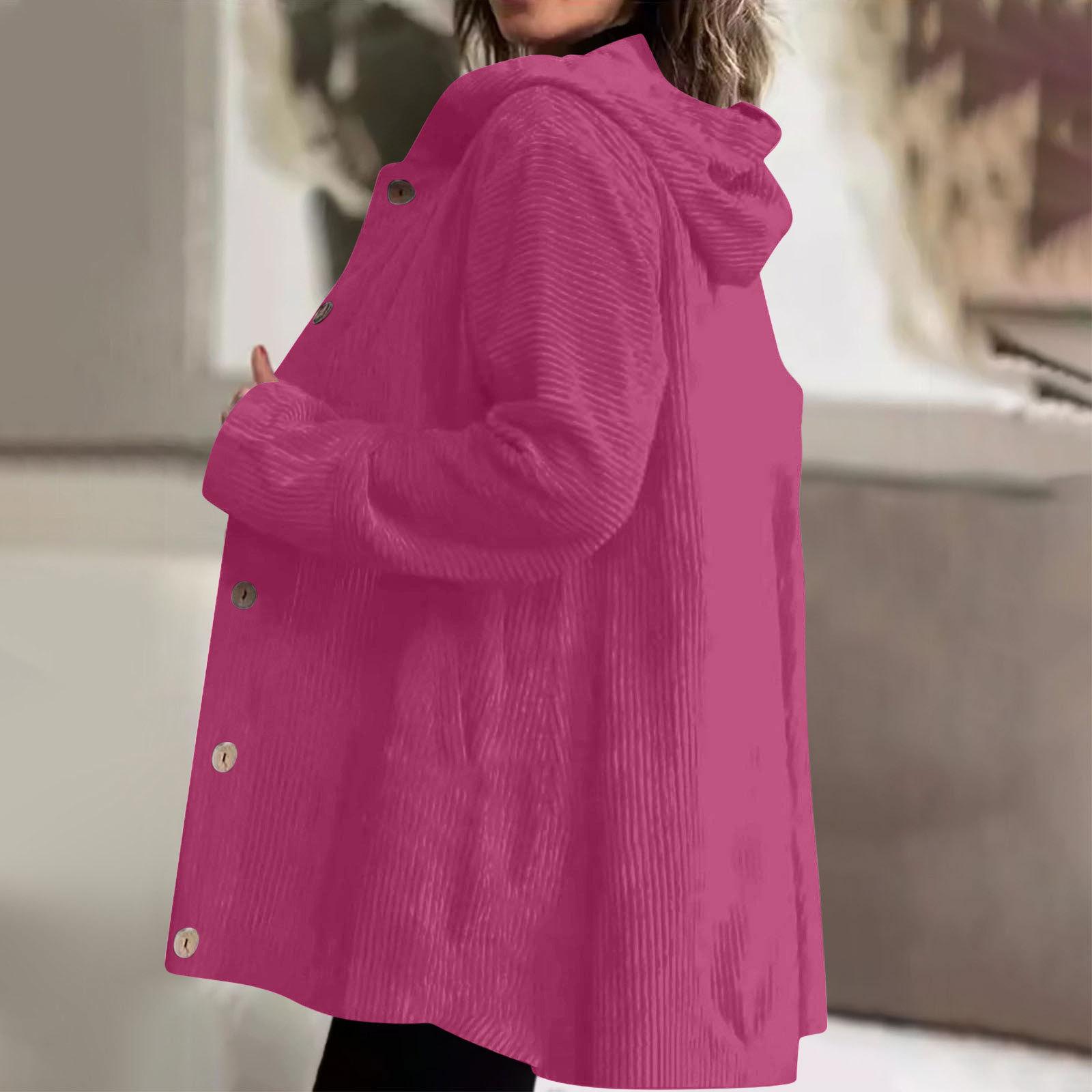 

Women s Fashionable Solid Color Hooded Long Sleeved Button Pocket Loose Casual Jacket XXL