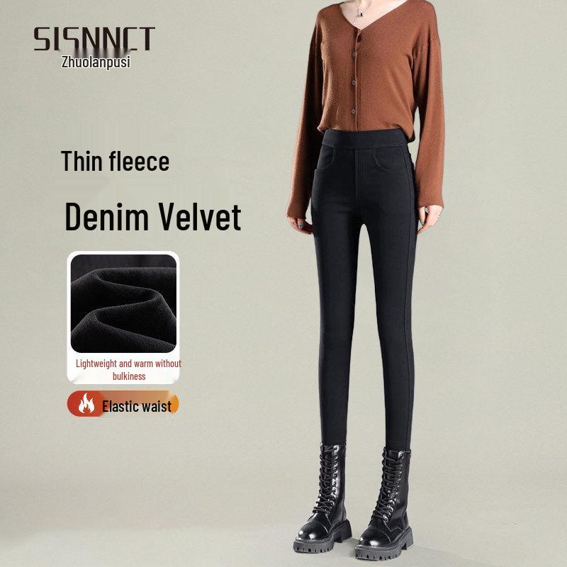 Women's Black Lambswool Leggings: Warm, Thickened Fleece-Lined, Slim Pencil Style, Ideal for Autumn/Winter 2025