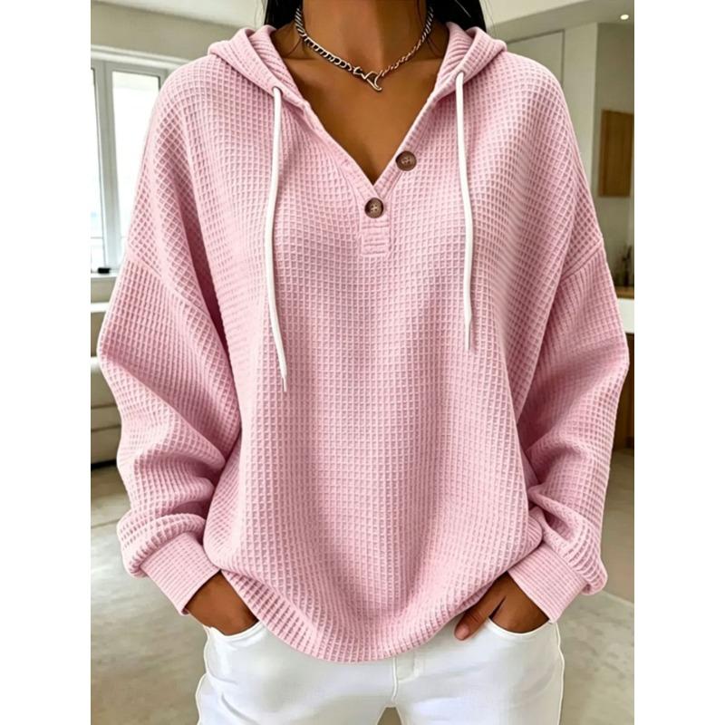 Women S Loose Fit Drawstring Hooded Waffle Knit Sweatshirt