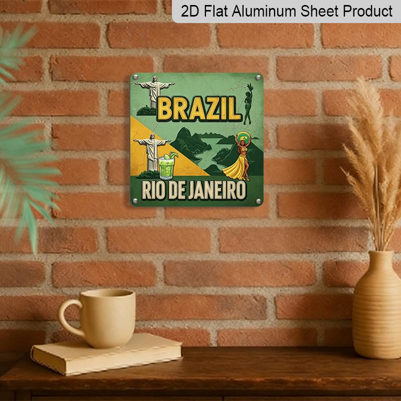 2D Flat - 1pc Brazil De Janeiro Vintage Square Aluminum Sign| South American Vintage Style, Entryway Decor and Themed Wall Decoration, Cultural