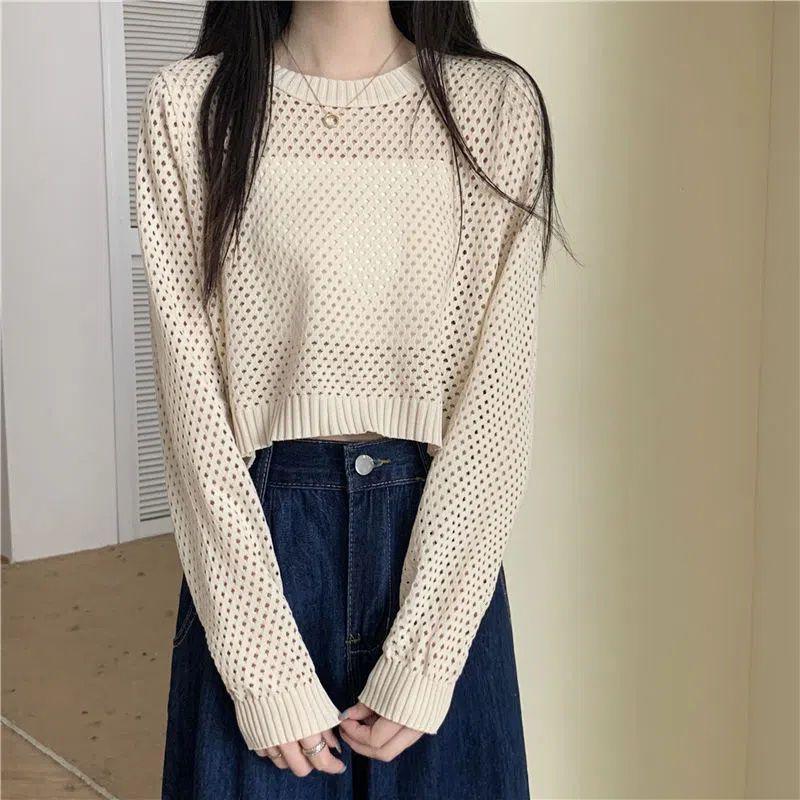 Long Sleeve Thin Hollow Out Sun Protection Cardigan Knitwear Women's Summer Designed Niche Loose Air-Conditioning Shirt Short Top