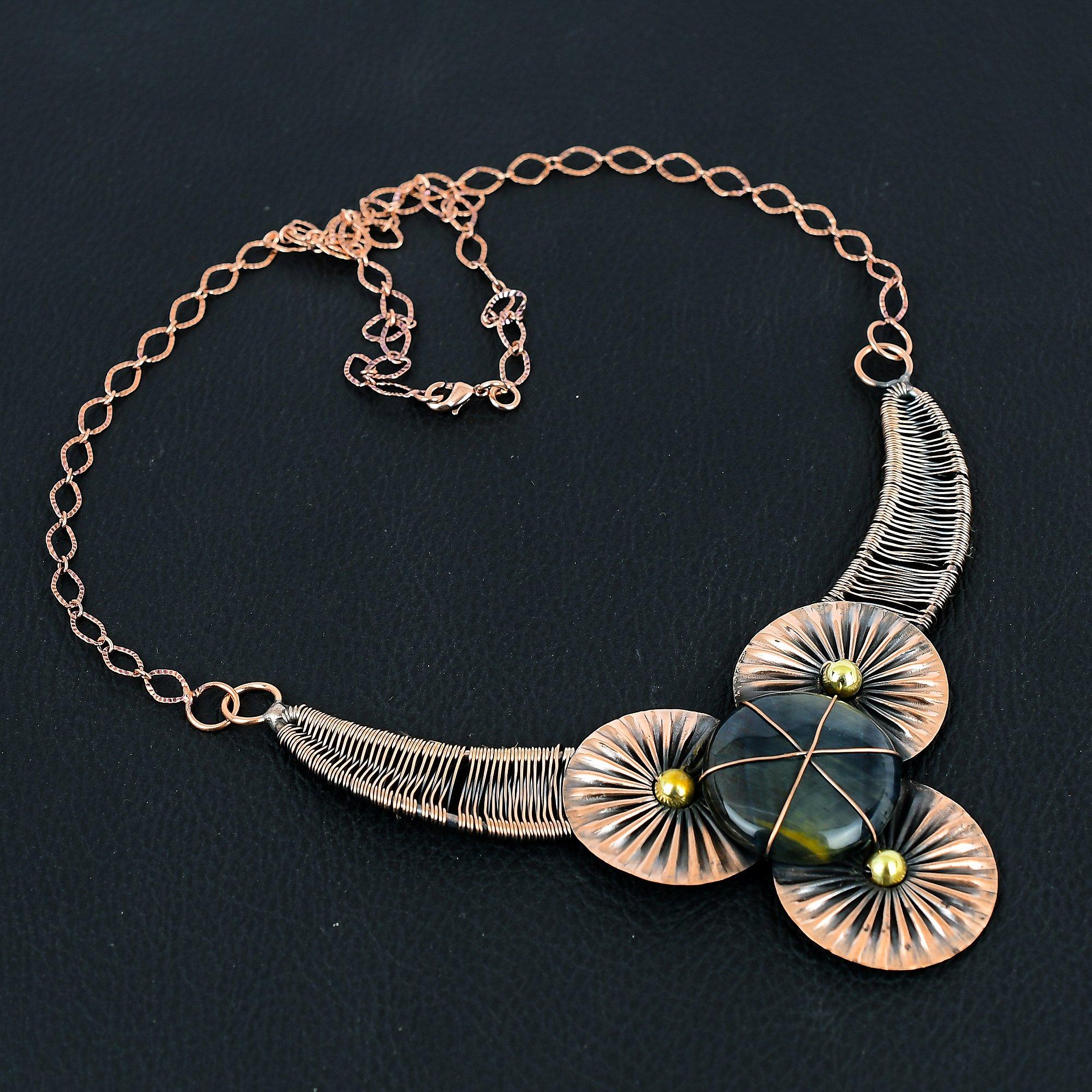 

Восхитительный синий тигровый глаз драгоценный камень ручной работы из чистой медной проволоки ювелирное ожерелье для женщин 18 I nches синий