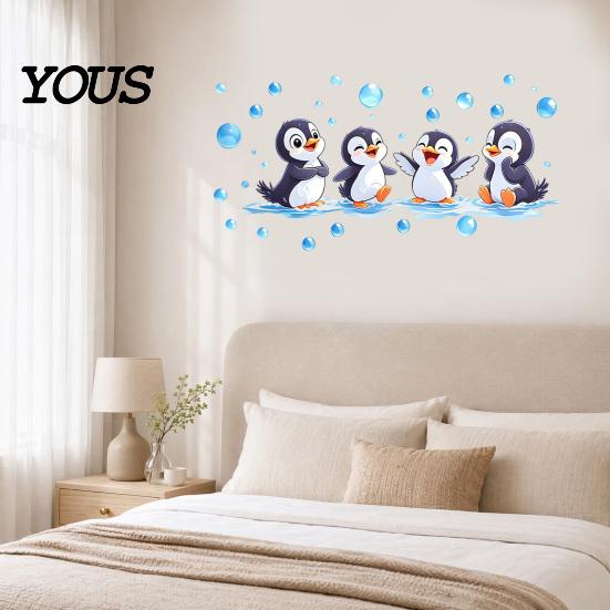 Easy Peel Wall Stickers Penguin Decals, Cute 4 Happy Penguins Bathing Decor, Self Adhesive Water Vapor Resistant Removable for Bathroom,
