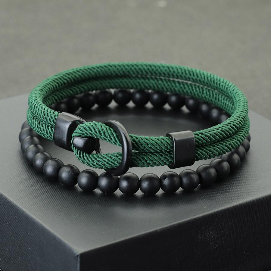 Noter Neues 2-teiliges/Set Herren Armband-Set Doppellagiges Seil Nautisches Armband 6mm Schwarzer Onyx Stein Armband Freizeit Zubehör Pulseria
