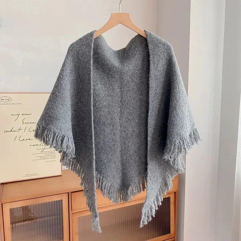 Elegant Versatile Warm Wool-Blend Fringed Triangle Scarf Korean Style Ins Motorcycle Helmet Style Neck Warmer Accessory