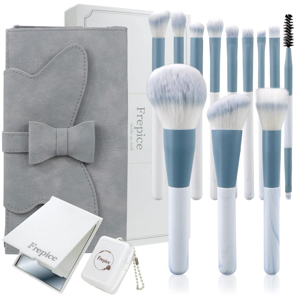 Frepice Makeup Brushes [Set of 12] Powder Brush, Eyeshadow Brush, Ribbon, Makeup Brush Pouch, Makeup/Aqua Ribbon