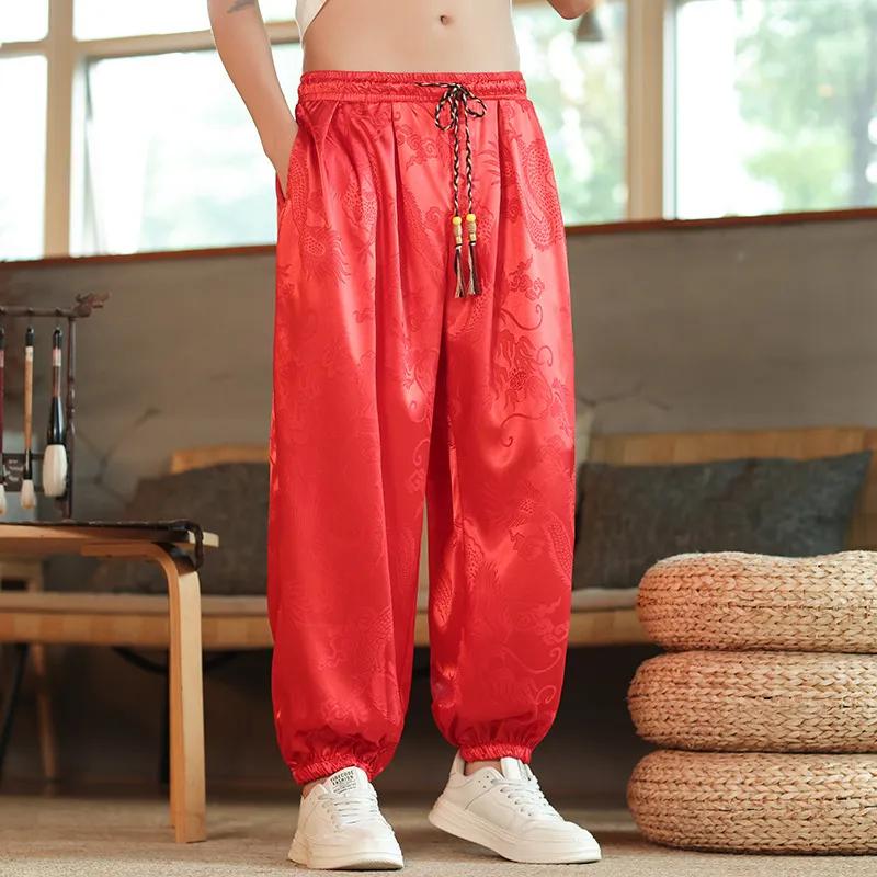 Hose im chinesischen Stil für Herren, Outdoor, Eisseide, Drache, Dunkle Blume, Locker, Weites Bein, Freizeithose, Männlich