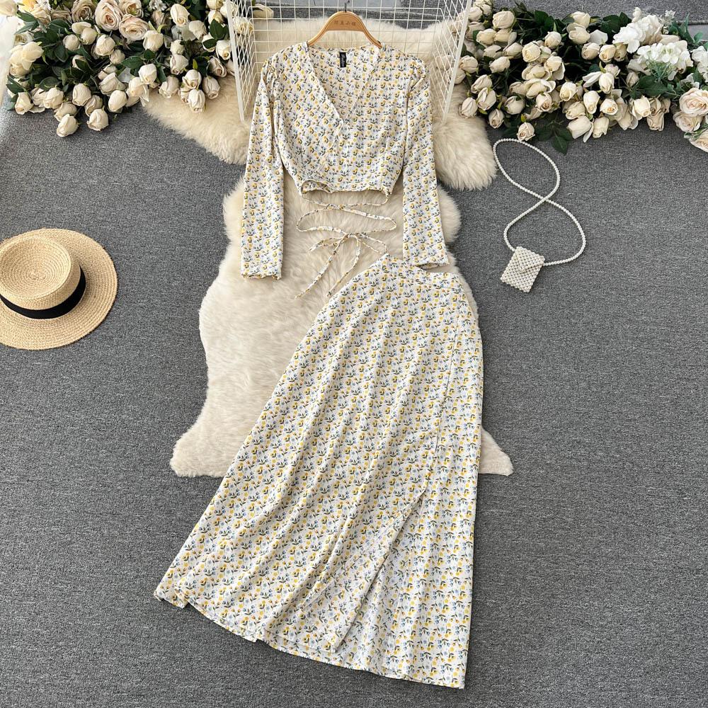 Women Vacation Bohemian Two Pieces Suits Summer Lace Up Top Split Long Skirt Sets
