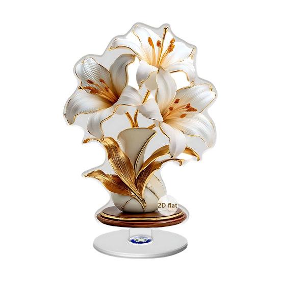 2D Flat Flower Ornament, 360-Degree Rotating Vase Acrylic Ornament with Base, Flower Vase Tabletop Decoration for Home Desk Shelf Decor