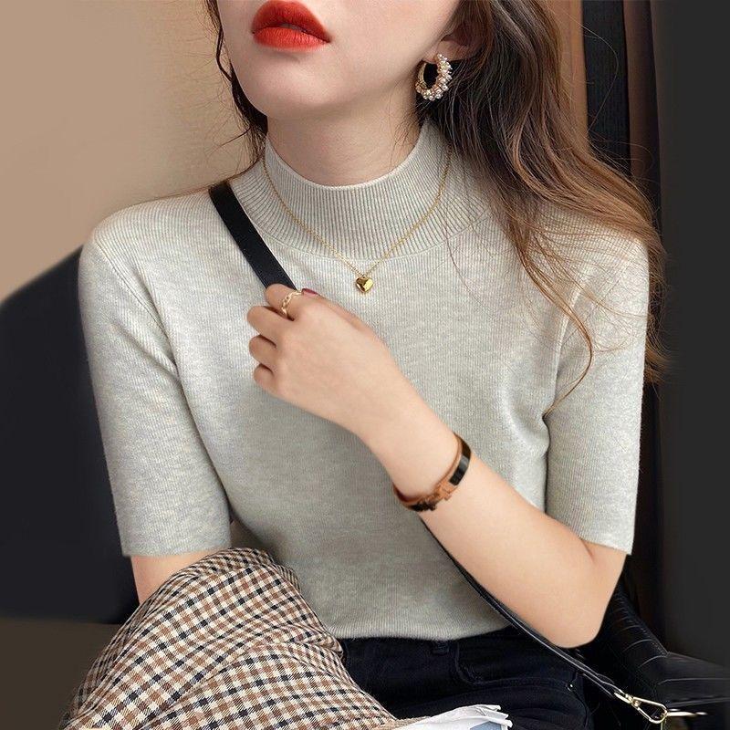Spring and Autumn thin semi-turtleneck bottoming shirt women's half-sleeved knitted sweater new five-quarter-sleeved slim-fitting foreign-style medium