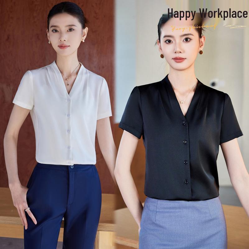 

Women s Short Sleeve Chiffon V-Neck Blouse - Summer 2025 French Style M