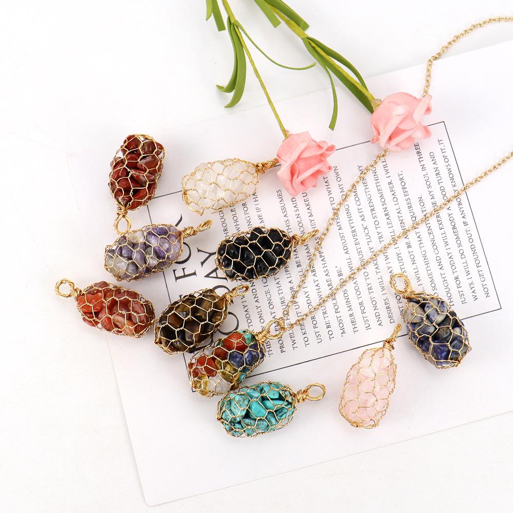 Natural Colorful Crystal Gravel Amethyst Copper Wire Hand-Woven Mesh Pocket Pendant Necklace N657