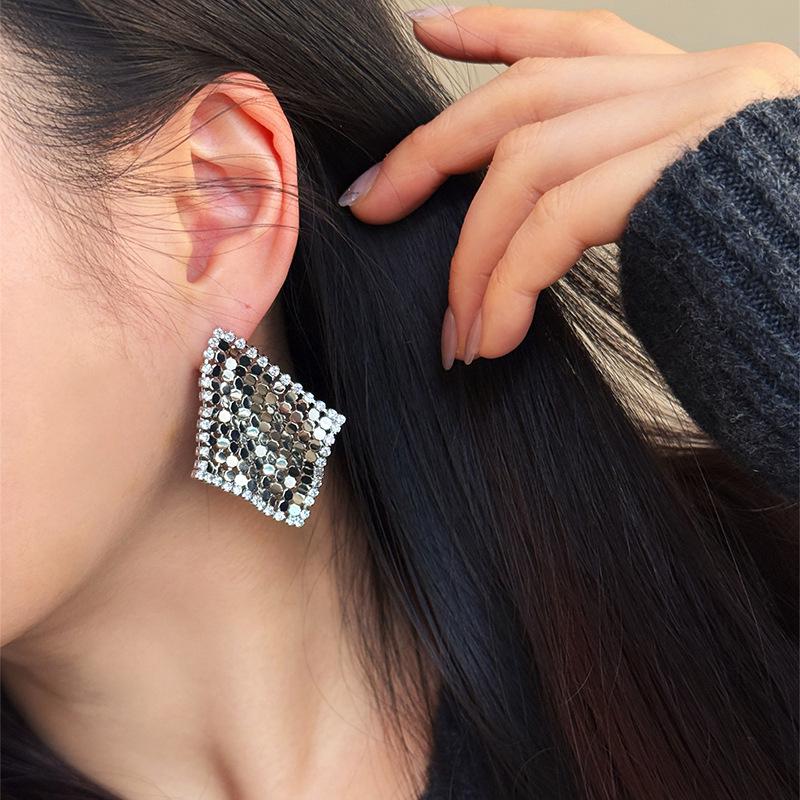 Gold-Plated Silver Zirconia Rhombus Tassel Stud Earrings - Elegant High-End Jewelry for Women