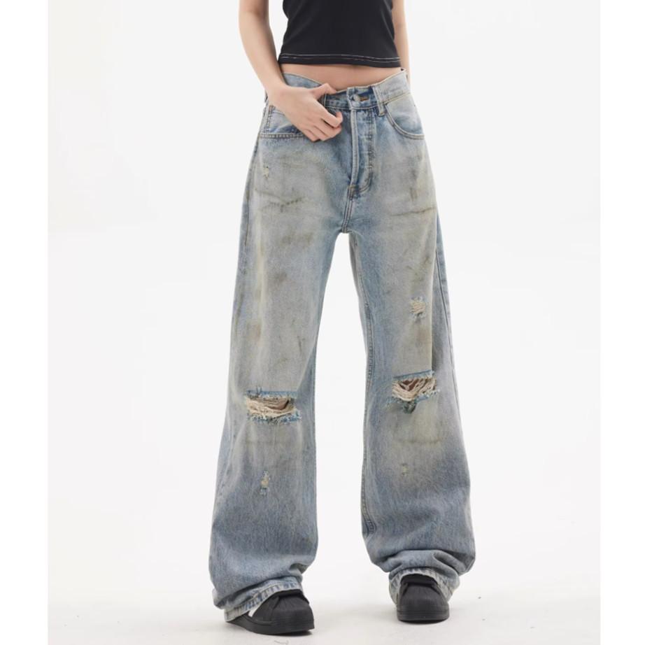 Street retro washed ripped jeans American new ins new loose straight casual pants