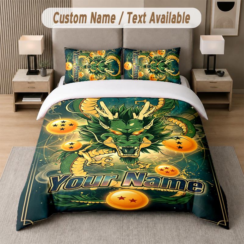 Dragon Ball 3Pcs Bedding Set, Personalized Custom Name Text, 1 Duvet Cover & 2 Pillowcases For Bedroom