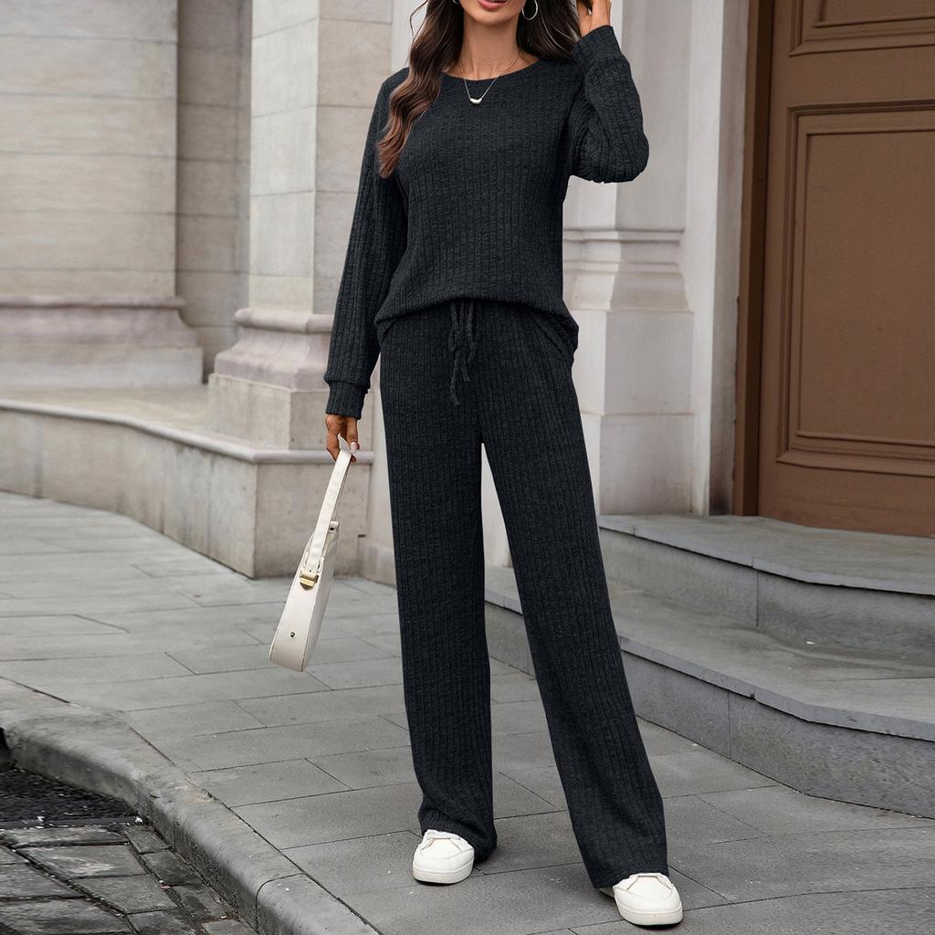 Women's Fashionable And Comfortable Round Neck Knit Long Sleeve Brushed Pants Loungewear Set