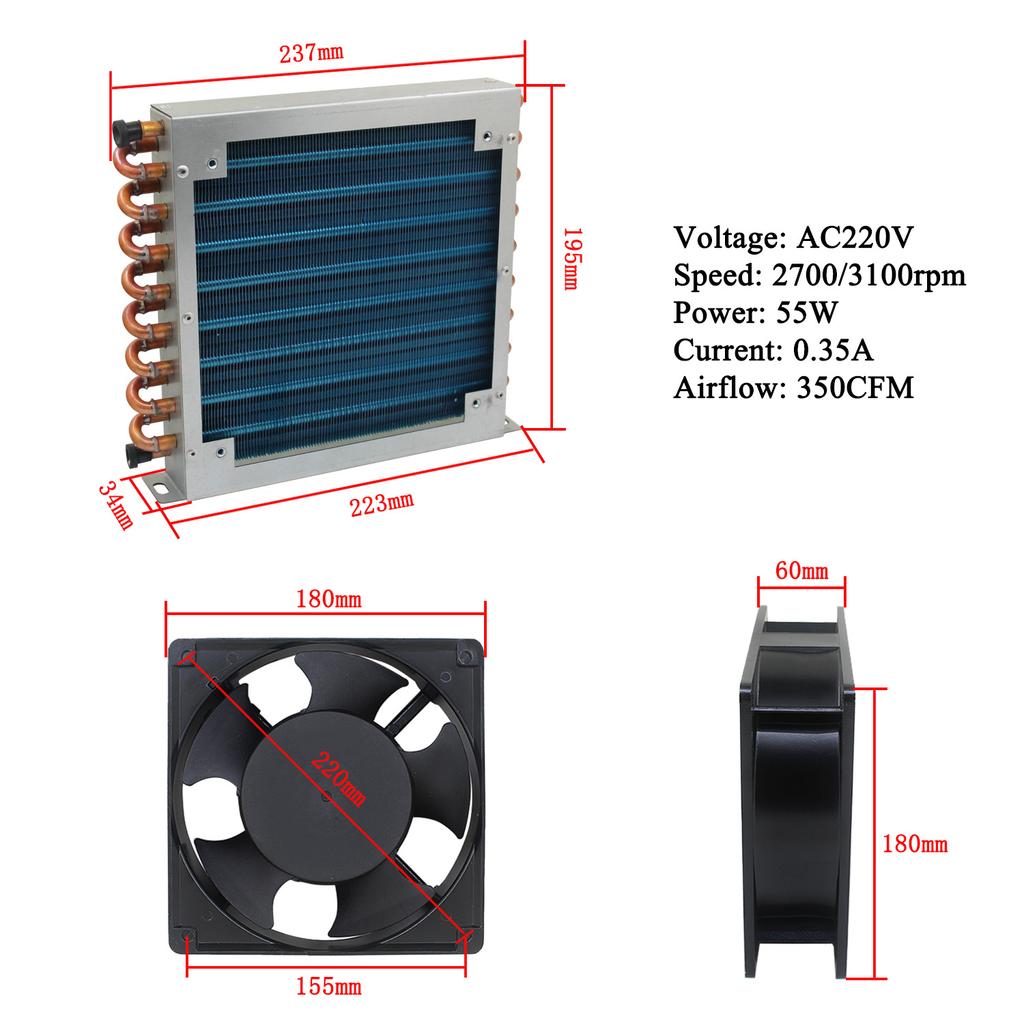Radiator condenser cu carcasă mică pentru frigider congelator schimbător de căldură răcit cu apă cu aripioare de aluminiu și tuburi de cupru cu ventilator răcit cu aer
