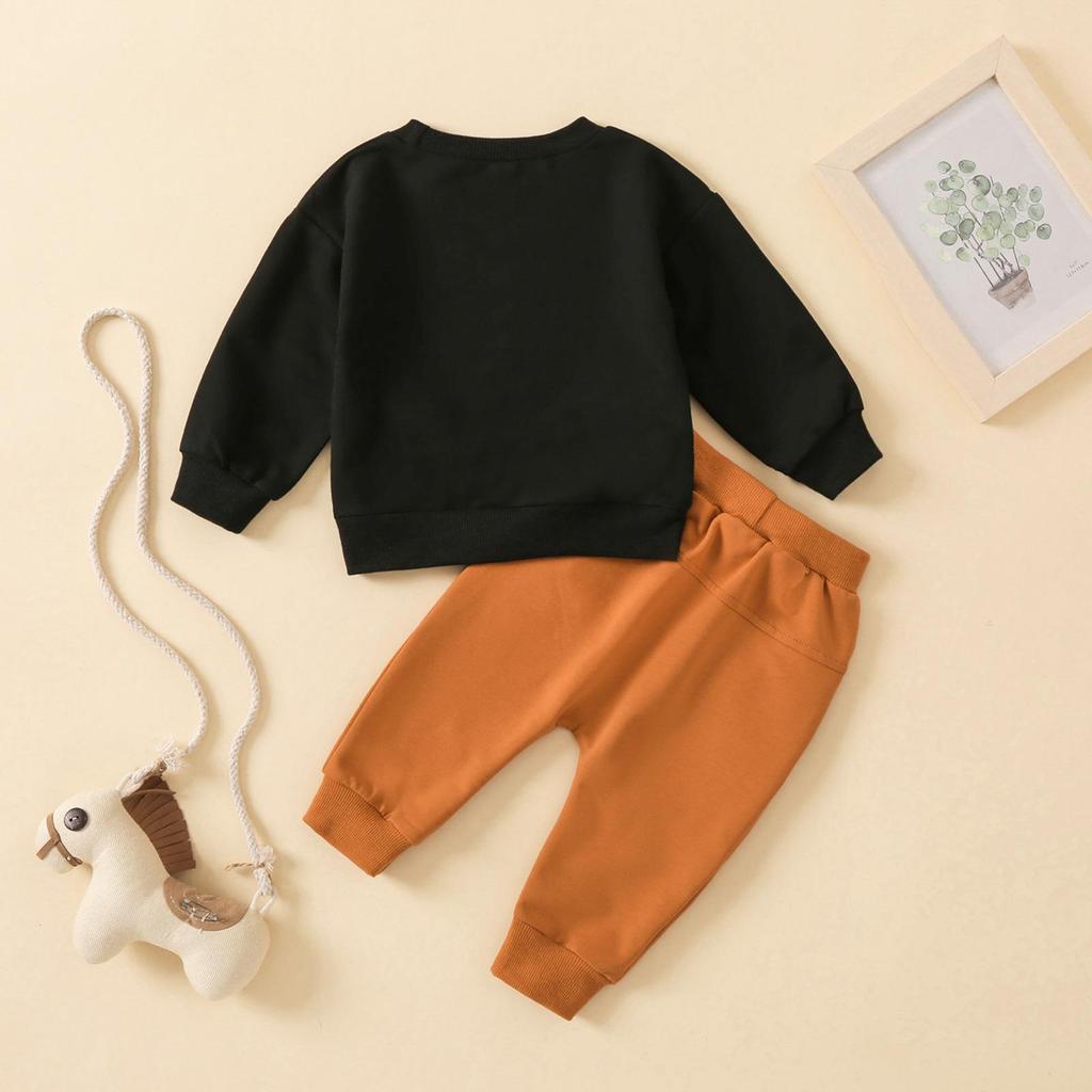Toddler Letter Print Round Neck Top & Solid Color Long Pants Two-Piece Set, Multi-Color.