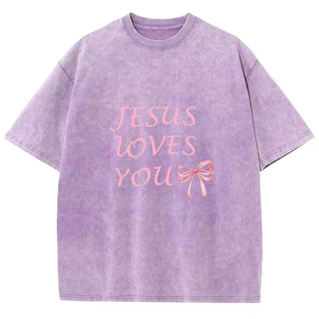 Pink Bow Letter Print Women's T-Shirt Washed Oversized Loose Mid Sleeve Casual Cute Sweetheart Beautiful Short Sleeve Top