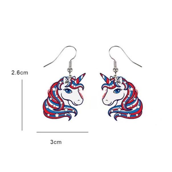 European Handmade USA Independence Day Earrings with Butterfly, Unicorn, Smiley Face, Star, and Woman Head Designs