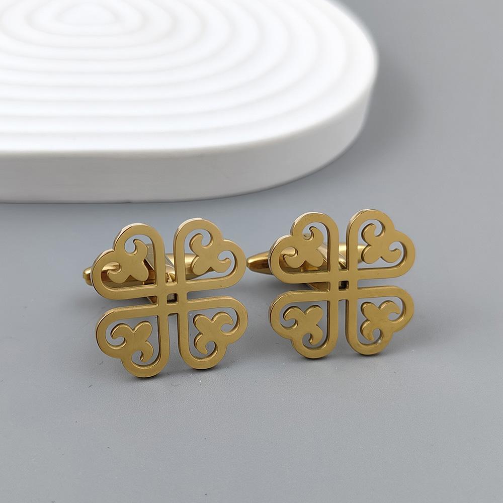 Newly launched -18K gold-plated stainless steel cufflinks: four-leaf flower design, fashionable lapel pin, gifts for friends