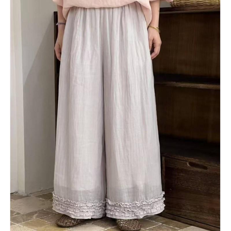 

Johnature Lace Women Straight Leg Pants Vintage Solid Color Loose Casual Mori Elastic Waist Women Pants One Size