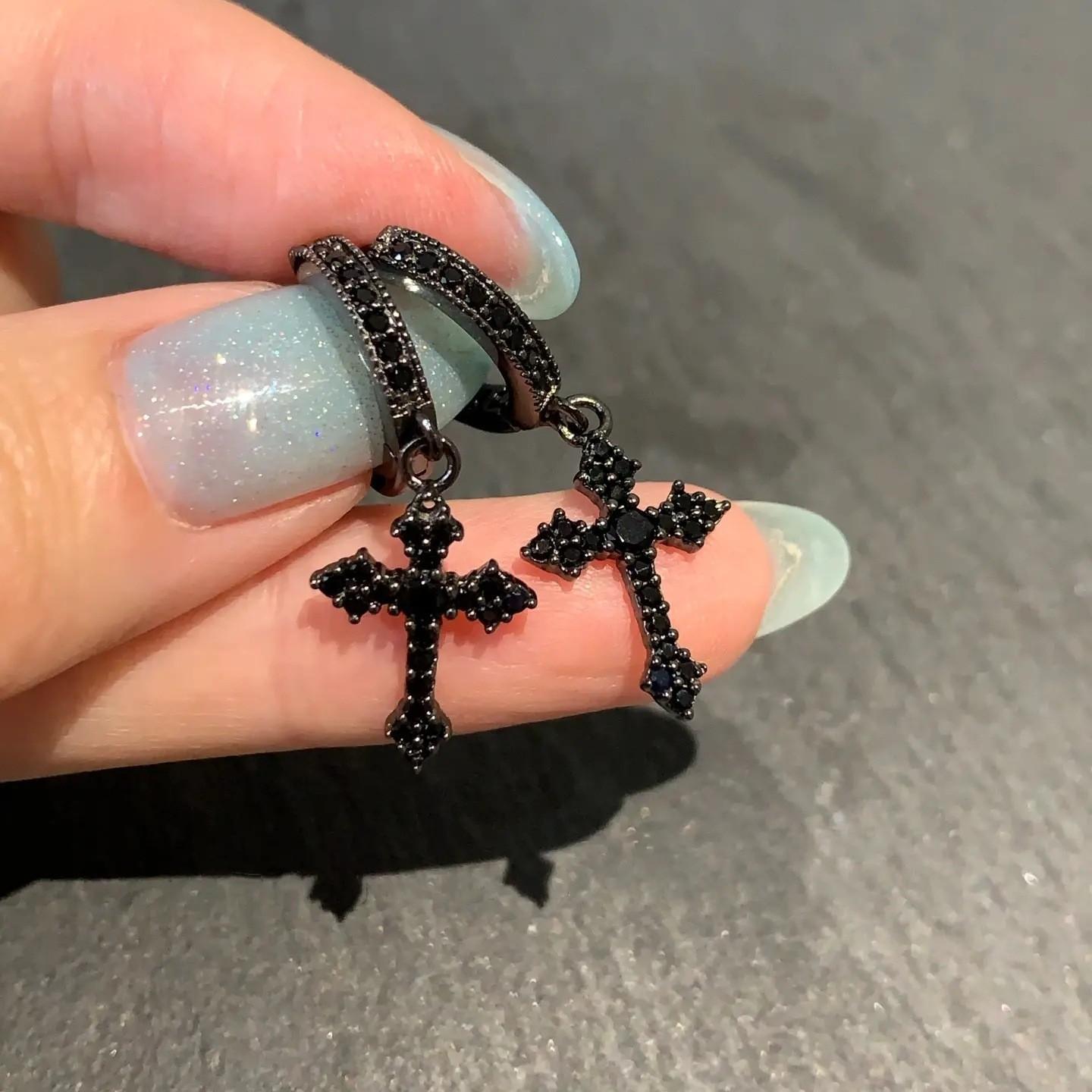 

Creative Cross Dangle Earrings for Pierced Ears Black Metal Hoop Style with Detailed Cross Charms Pair One Size