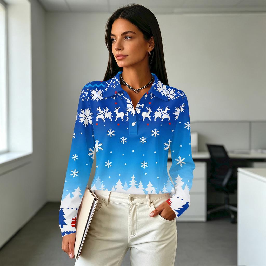 Women's Casual Christmas Print Button Down Long Sleeve Collared Blouse with Double Side Slit Hem