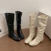 Korean version of versatile flat bottom round head high boots women's knee single boots Maillard white thin long knight boots