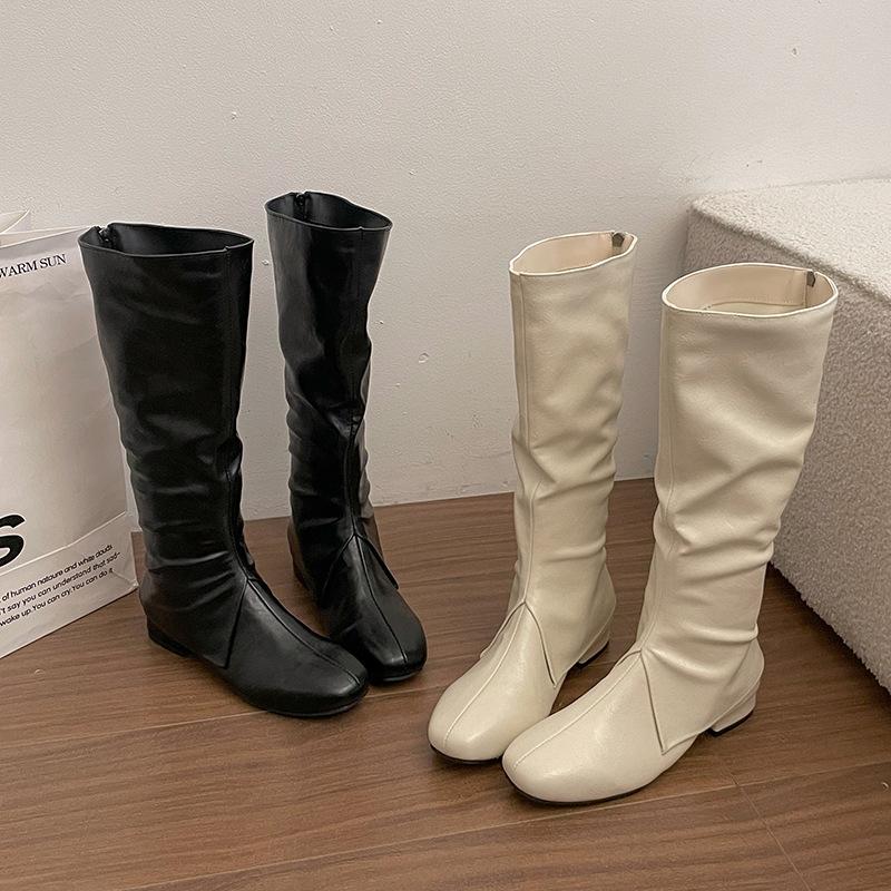 Korean version of versatile flat bottom round head high boots women's knee single boots Maillard white thin long knight boots