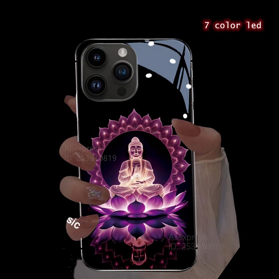Colorful Lucky Lotus Flash Flower Phone Case For iPhone 13 Case 16 Pro Max 16e 15 11 14 13 12 XR LED Shine Carcasa Glass Cover