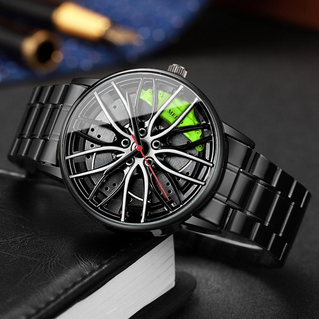 2PCS Men Business Watches Fashion 3D Car Wheel Dial Men Sports Watch Stainless Steel Band Analog Quartz Watch Set