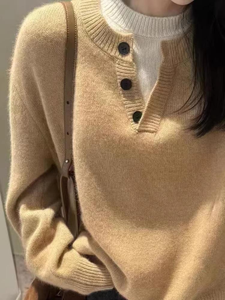 Women's Half-Zip Pure Wool Knit Sweater – Loose Two-Piece Design for Autumn/Winter