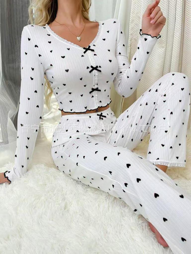 Women's 2025 European V-Neck Love Print Pajama Set - Long Sleeve Top & Pants, Indoor/Outdoor Wear