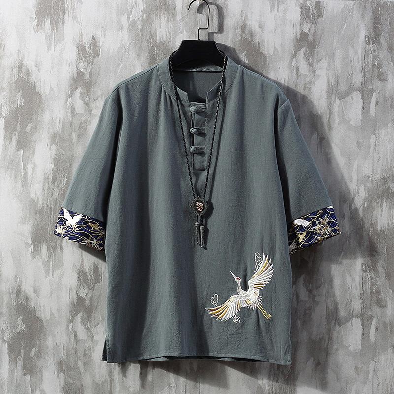 

Chinese Style Disc Button Linen T-shirt Mens Summer Short-sleeved Tang Shirt Loose Large Size T-shirt Japanese Kimono Men New M серый