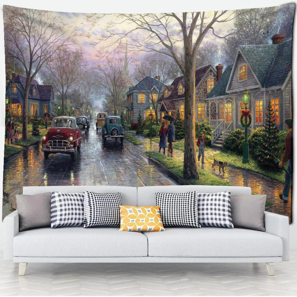 Forest Hut Tapestry Wall Hanging Oil Painting Background Cloth Printing Psychedelic Witchcraft Bohemian Decor