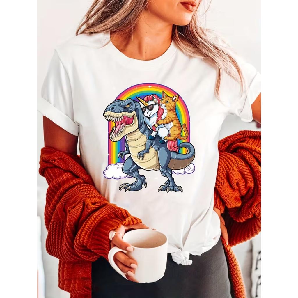 Cat Unicorn Riding A Dinosaur Fashion Letter Print T-Shirt, Short Sleeve Crew Neck Casual Top for Summer & Spring