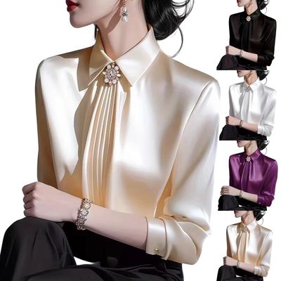 Dames Elegante Lange Mouw Satijnen Blouse Met Strik
