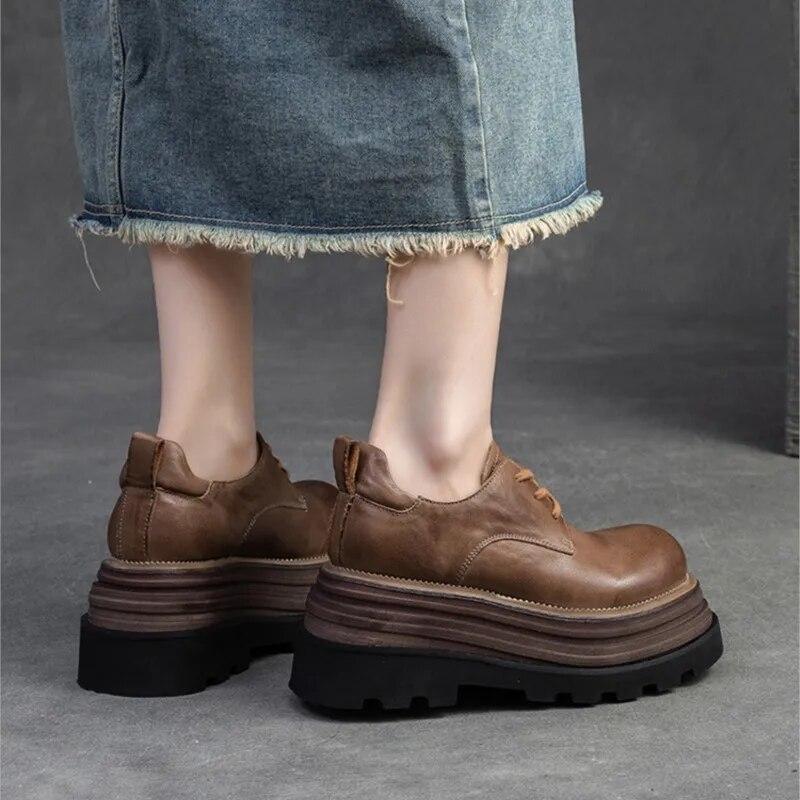 Johnature Zapatos de plataforma plana con suela gruesa y elevación retro, zapatos de mujer de moda versátiles con cordones y punta redonda