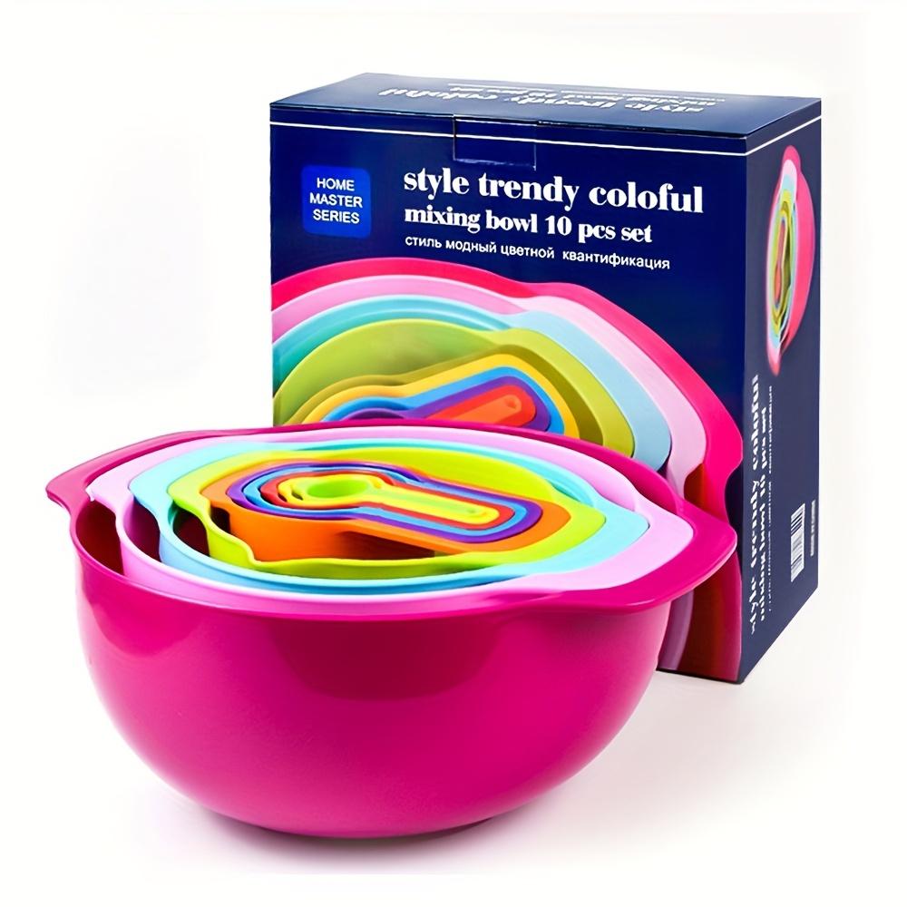 10pcs Rainbow DIY Baking Ten piece Set of Measuring Cups and Spoons, Multifunctional Mixing Bowl, Kitchen Supplies Rice Sieve Salad Plate, Stackable