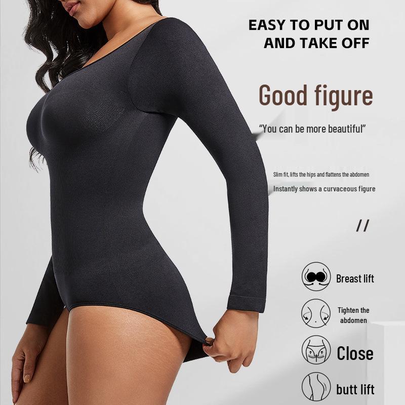 Women's Plus Size Seamless Body Shaping Long Sleeve Bodysuit with Tummy Control