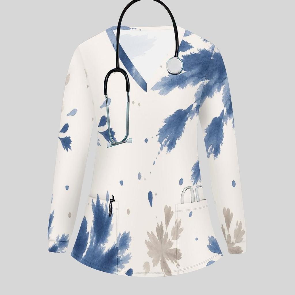 Women Plus Size Scrub Top V Neck Long Sleeve Abstract Botanical Print Front Pockets Medical Work Top