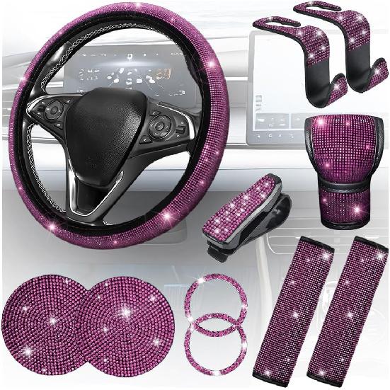 11PCS/Set Bling Car Accessories Set for Women, Rhinestone Vehicle Steering Wheel Cover Seat Belt Cushion Gear Shift Protector Cup Holder Coaster,