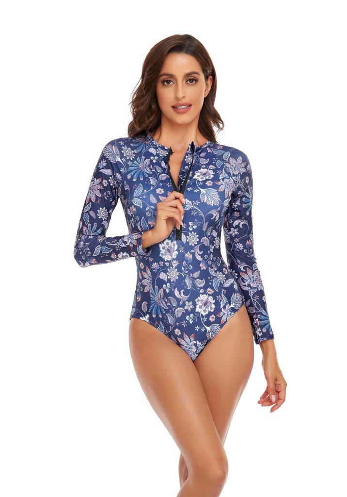 New Women's Long Sleeve One-Piece Swimsuit - European American Solid Color Patchwork Surfing Suit