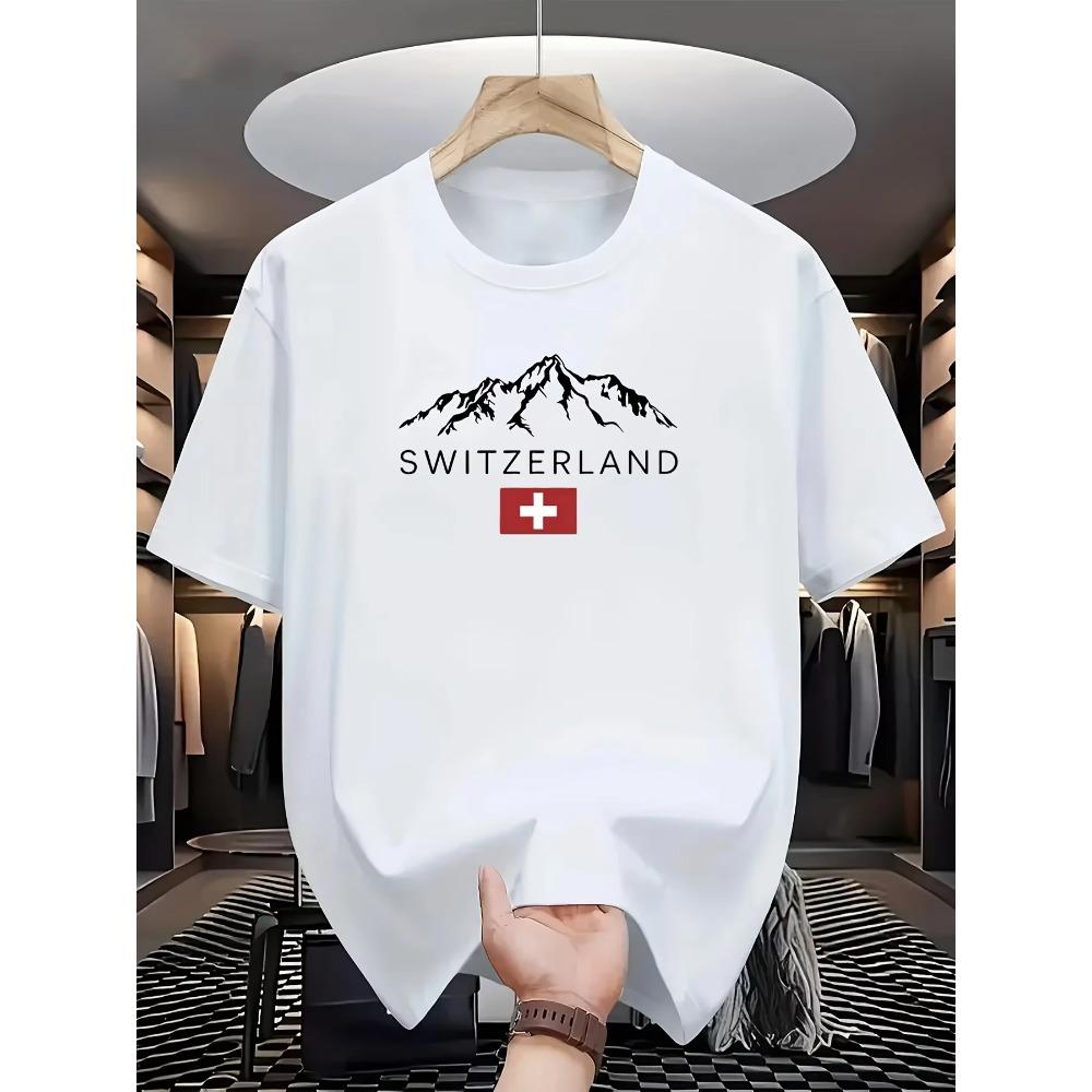 Men's Summer 100% Cotton Fashionable Casual Loose Sports Swiss Mountain Pattern Printed Round Neck Short Sleeved T-shirt Top