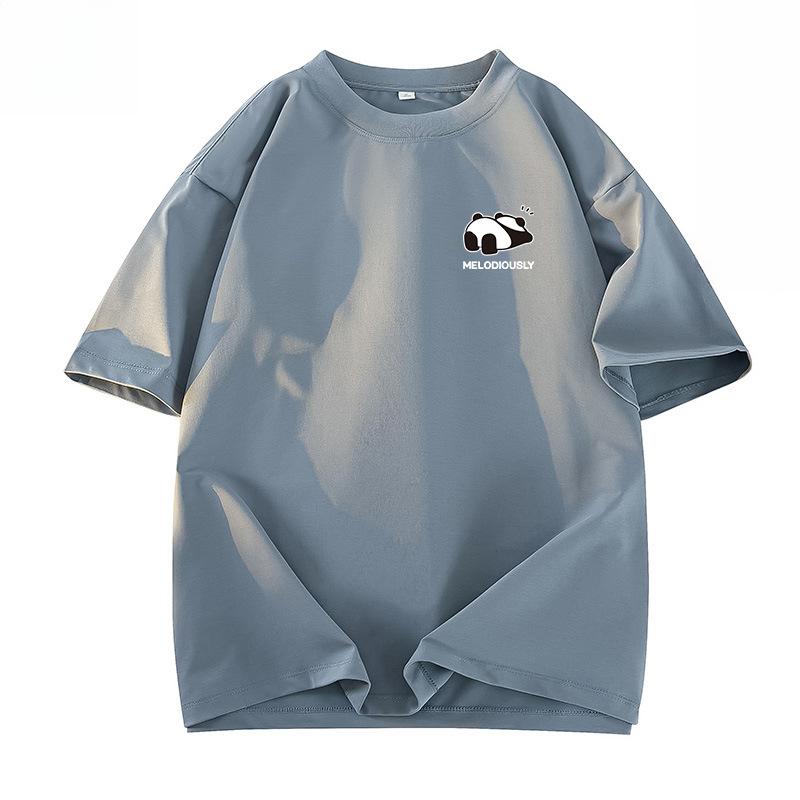 Sommerliches Baumwoll-T-Shirt mit lockerem Schnitt, Panda-Grafikdruck und Fünf-Minuten-Ärmeln