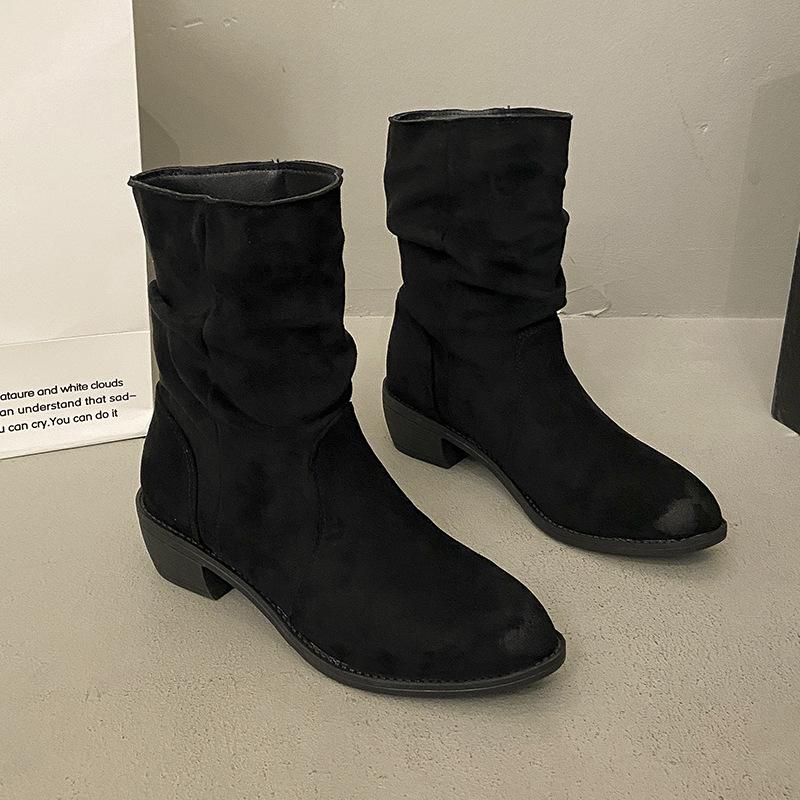 Pointed thick heel stack boots 2025 autumn Korean version of the new thin elastic boots temperament suede middle heel fashion Martin boots